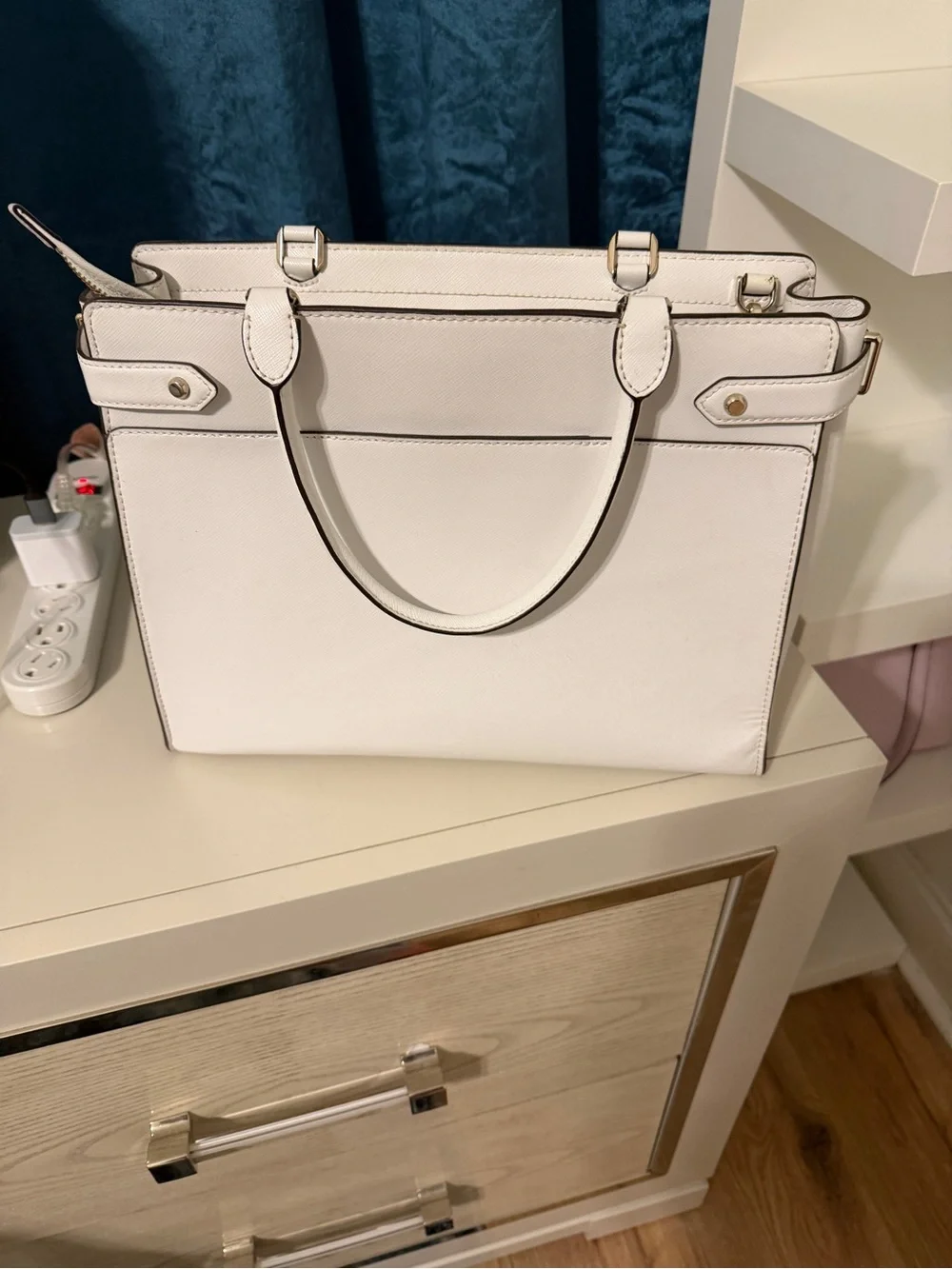 kate spade white leather satchel with gold logo